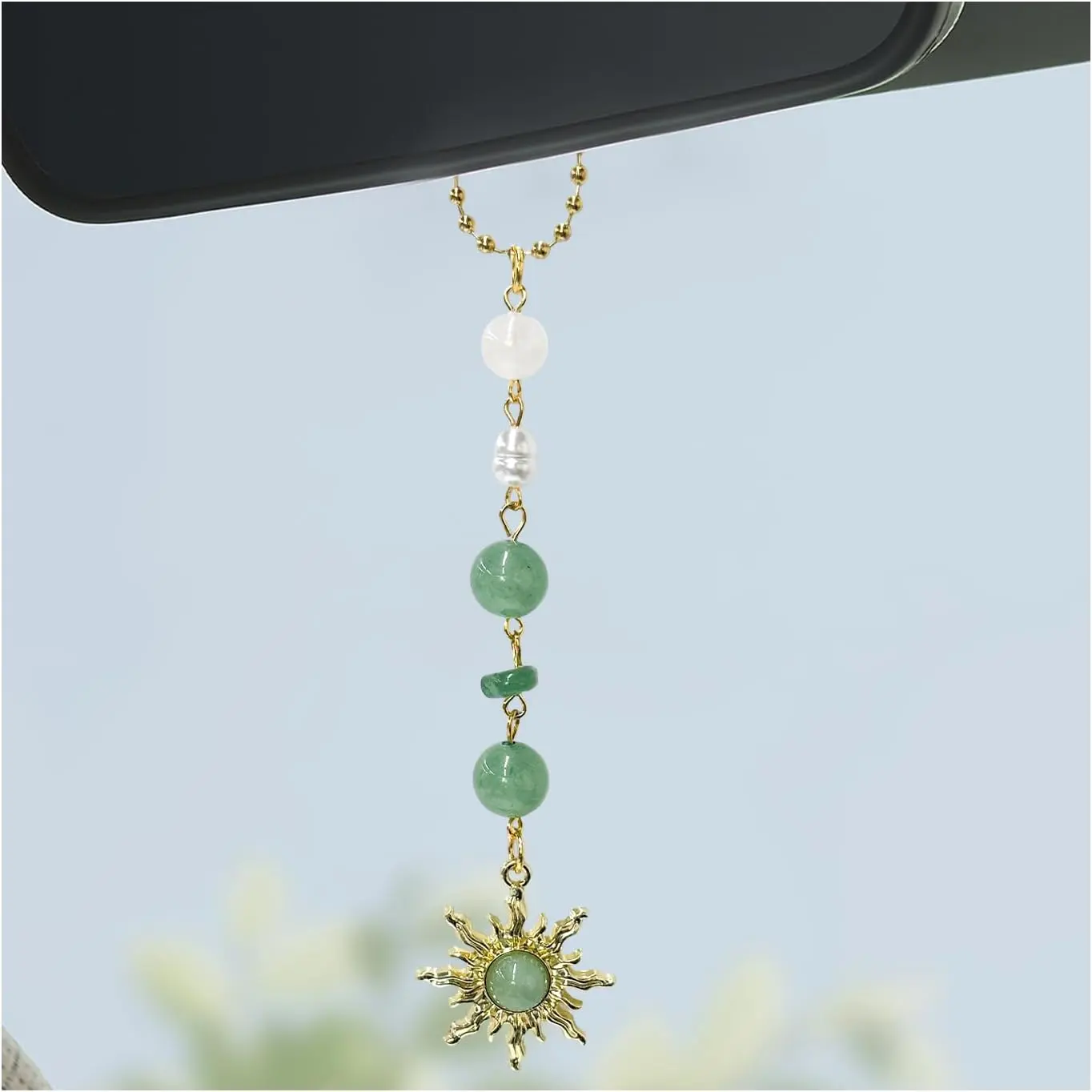 Green Crystal Sun Car Charm – Handmade Boho Rearview Mirror Hanging Ornament, EcoFriendly Sun Catcher for Positive Energy & Car Decor