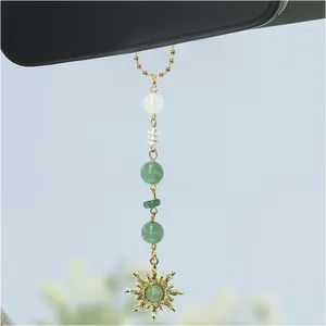 Green Crystal Sun Car Charm – Handmade Boho Rearview Mirror Hanging Ornament, EcoFriendly Sun Catcher for Positive Energy & Car Decor