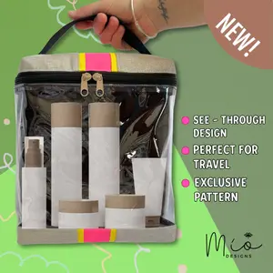 Metallic Gold Toiletry Bag Organizer - Handmade Large Travel Cosmetic Case W/Clear Window - Elegant Makeup Storage Bag with Neon Accents.