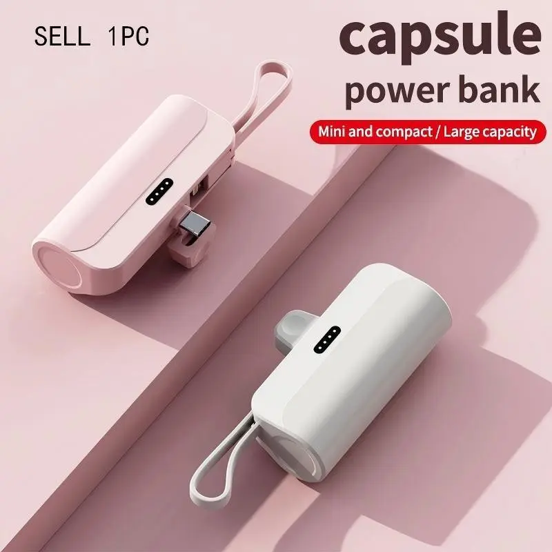 Portable 5000mah Power Bank, Capsule Design Pocket Charger, LED Battery Display, Type-C Interface, Hanging Rope, Lightweight Emergency Backup