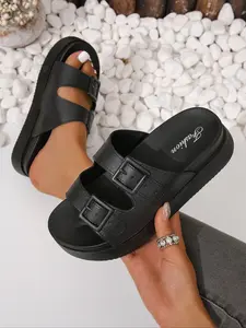 Women's Summer Chunky Classic Platform Flip Flops, 2026 New Beach Sandals, Non-Adjustable Double Buckle Decor, Thick Sole Slippers for Outdoor Wear, Buckle Decorated Slippers, Thick Bottom Slippers