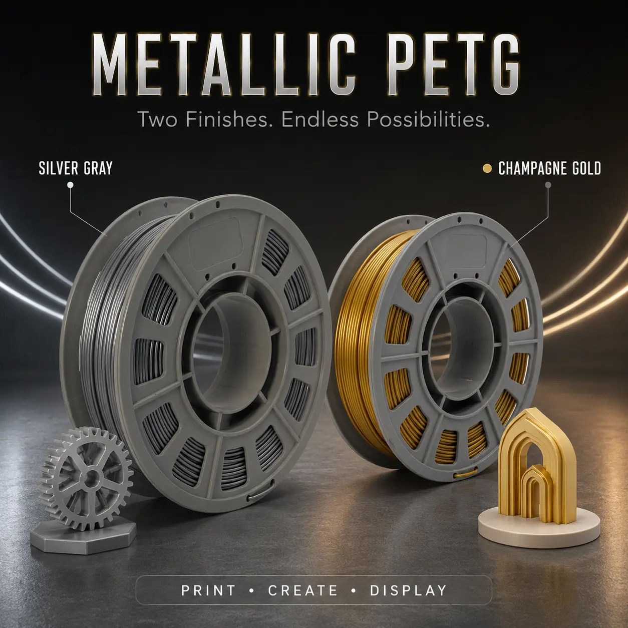2 Pack Metallic Gold & Silver PETG 3D Printer Filament, 300g (0.66 lbs) ×2 Mini Test Spool, 1.75mm ±0.02mm, low warping and less stringing, stunning metallic finish, compatible with most FDM 3D printers
