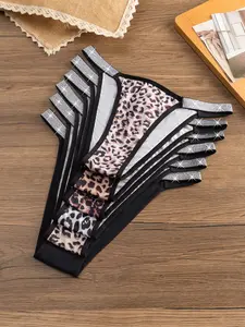 Women's Ice Silk Seamless Bikini Underwear, Fashion Leopard Flash Waistband, Sexy Elegant, Comfortable Breathable, 6 Pcs Set, Leopard Print Bikinis, Bikini Sets
