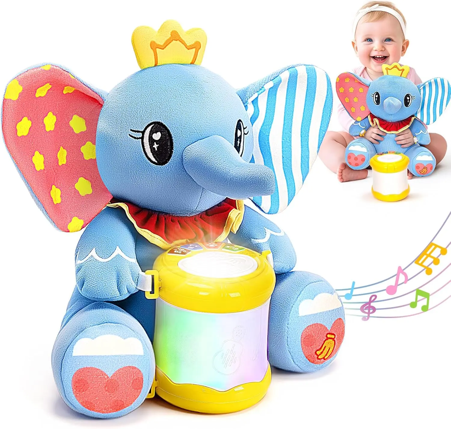 Stuffed Elephant Baby Electric Toy for 6-12 Months, Light-Up Musical Detachable Drum with Multi-Function Buttons, Early Learning Christmas & Birthday Gift