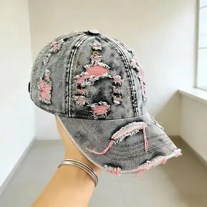 Unisex Retro Frayed Denim Cap Travel Uv Protection Adjustable Distressed Colorful Baseball Cap Outdoor Curved Brim Sun Hat