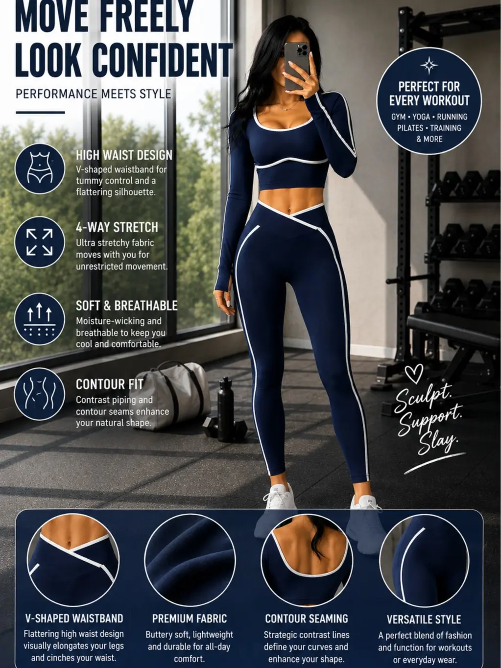 Women's 2-Piece Athletic Set - Long-Sleeve Top with High-Waisted Butt-Lifting Abdomen-Slimming Yoga Leggings, 4-Way Stretch, Pressure-Resistant, Wear-Resistant, Skin-Friendly Soft Fabric (for Yoga, Gym)