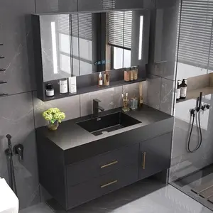 Modern Minimalist Black Oak Bathroom Vanity Cabinet with Mirror Light