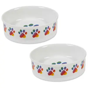 Bone Dry Set of 2  Rainbow Paw Ceramic Pet Bowl Large