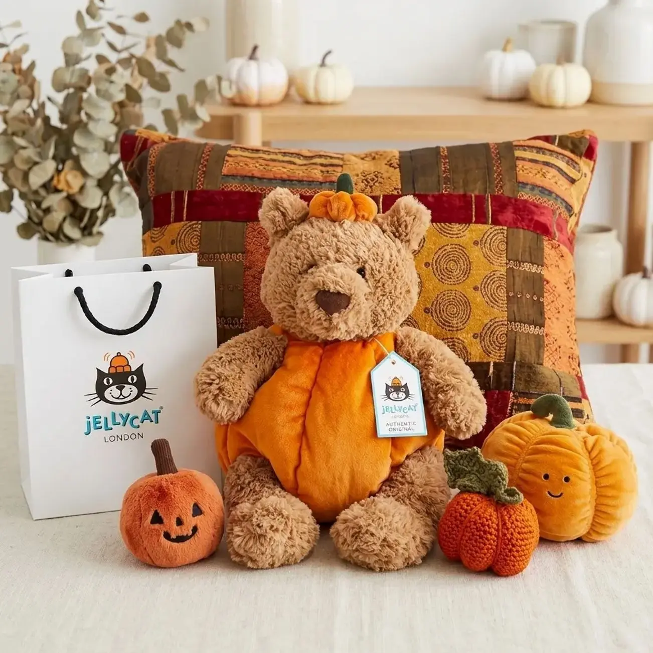 Official Jellycat Pumpkin Bear Plush, Cute Cuddly Stuffed Bear, Soft Adorable Plush Toy, Halloween Gift, Seasonal Decor & Gift for Jellycat Fans