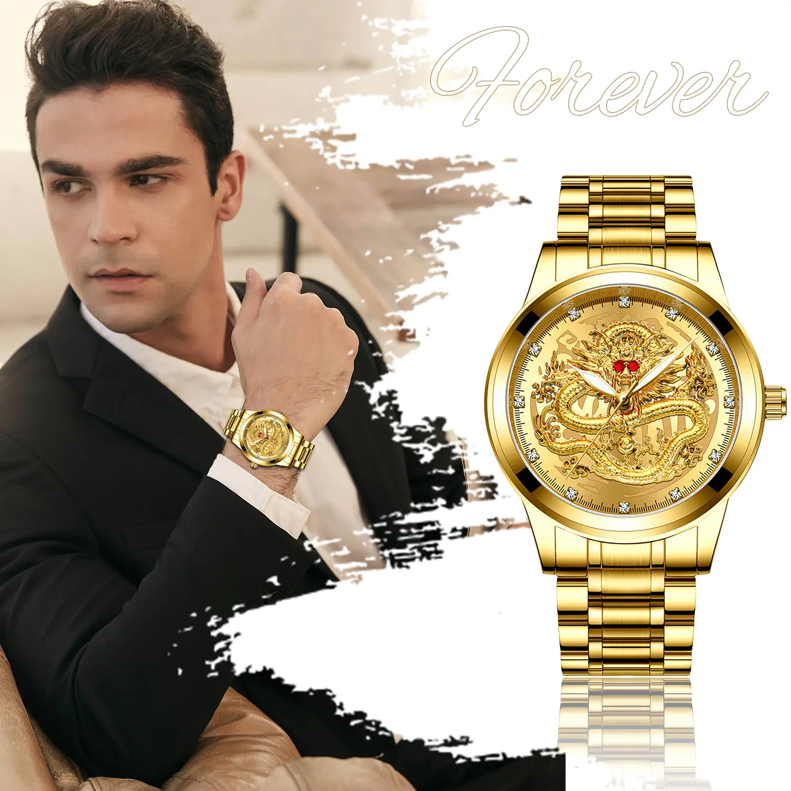 OIDEA Men's Embossed Chinese Dragon Round Masculine Metal-Tone Glow-in-the-Dark Self-Luminous Waterproof Analog Quartz Watch, Stainless Steel Band, Red Gemstone Accent, Luminous Hands, Glow-In-The-Dark Quartz Watches, Masculine Quartz Watches