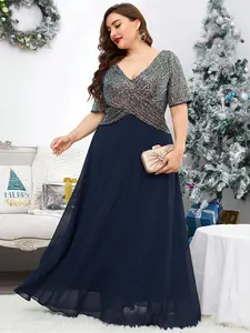 Elegant Plus Size Women's V-Neck Short Sleeve Lightweight Soft Sequin Chiffon Evening Gown Dress, Stylish Chic Party Prom Dress, Formal Occasion Wear, Womenswear