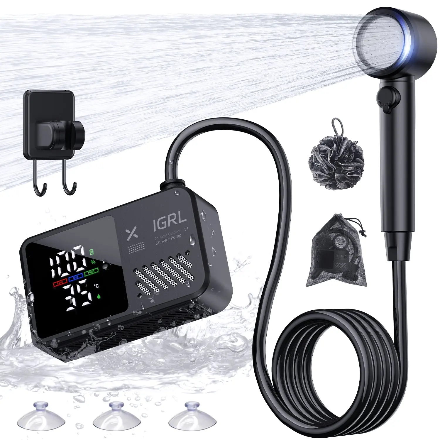 Portable Camping Shower Kit - Rechargeable Pump with Bath Sponge, 1-Button Control, 10L/min Flow, 4 Spray Modes, IPX8 Waterproof, for Hiking, Car Washing, Watering Plants, Black