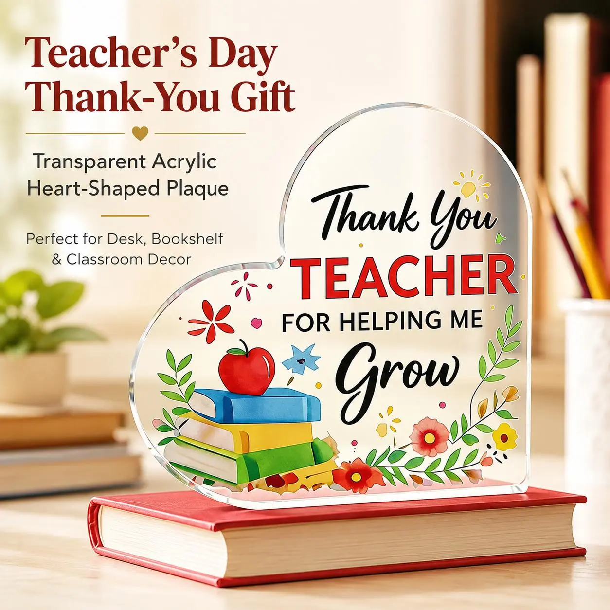 Teacher's Day Thank-You Gift 4.72-inch Transparent Acrylic Heart-Shaped Plaque Exquisite Compact Waterproof Decorative Sign for Office Classroom Desk Bookshelf Living Room Hand Standing