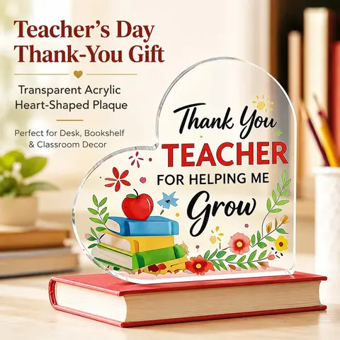 Teacher's Day Thank-You Gift 4.72-inch Transparent Acrylic Heart-Shaped Plaque Exquisite Compact Waterproof Decorative Sign for Office Classroom Desk Bookshelf Living Room Hand Standing
