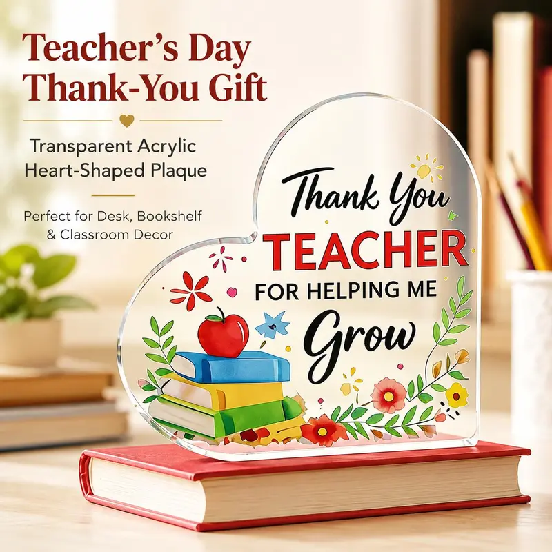 Teacher's Day Thank-You Gift 4.72-inch Transparent Acrylic Heart-Shaped Plaque Exquisite Compact Waterproof Decorative Sign for Office Classroom Desk Bookshelf Living Room Hand Standing