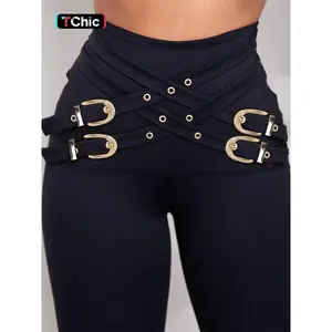 Women’s high-waisted leggings with crisscross metal buckle detailing—fashionable, casual, comfortable, breathable basic skinny pants for daily wear; ladies’ bottoms suitable for all seasons