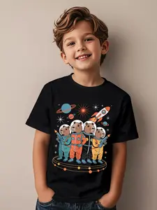 Space Capybara Astronaut Squad Cosmic Rocket Galaxy Series Kids Short Sleeve T-Shirt |   Casual Wear, Crew Neck, Regular Fit, Slight Stretch Fabric, Perfect for All Seasons, Ideal for Birthday Gifts and Daily Wear