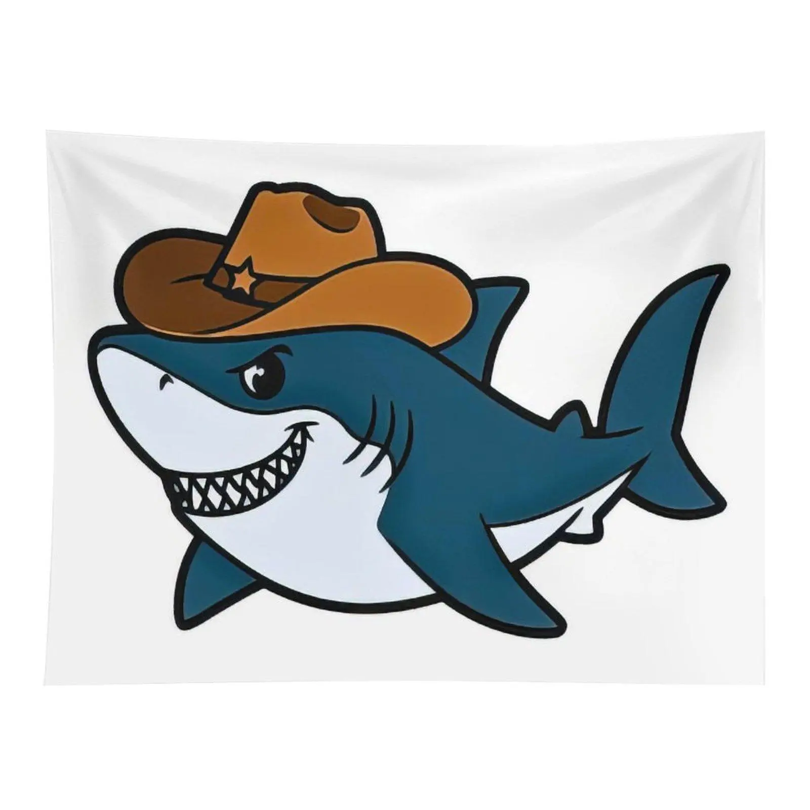 Cute Cartoon Cowboy Shark Wearing Brown Western Hat Wall Tapestry Funny Marine Animal Graphic For Kids Bedroom Dorm Fun Theme Wall Decor