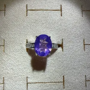 <PingEast jewelry > lavender quartz ——925 Sterling Silver Ring with 8x10mm Natural Charoite, Simple Four-Prong Setting