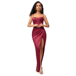 Fitted Satin Sleeveless Slit Dress - Elegant Wine Red Color for Stylish Wear