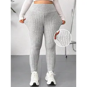 wear Plus Size Solid Color Ribbed Knitted Leggings Fabric Womenswear