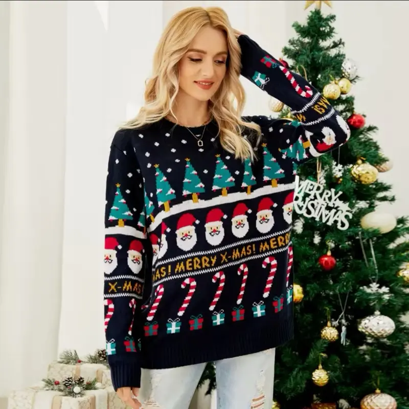 Custom Ugly Xmas Sweater Holiday Party Festive Design with Snowmen and Christmas Trees for Women