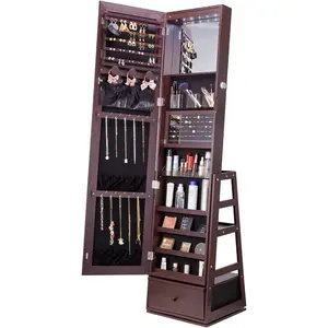 VEVOR 360 °   Swivel Jewelry Cabinet Armoire, 63-Inch Tall Lockable Jewelry Organizer with Full-Length Mirror, LED Light, Velvet Lining, Drawer, Freestanding, Brown