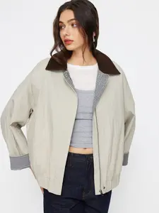 Cider Cotton-Blend Gingham Colorblock Collar Zip Through Oversized Barn Jacket