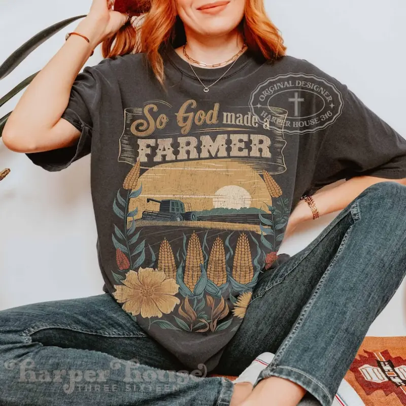 Vintage So God Made A Farmer Corn Field T-Shirt Farming Shirt Gift For Farmer