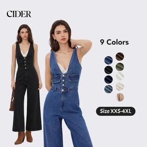 Cider Cider Denim V-neck Button Pocket Wide Leg Jumpsuit Overalls