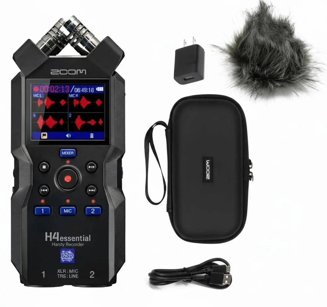 Zoom H4essential 4-Track Handy Recorder for Musicians, 32-Bit Float Recording, LCD Display, Accessibility Features, Stereo Mics, 2 XLR-TRS Combo Jacks, SD Card Support, USB-C Interface, 20 Hours Battery Life, Padded Shell, Musicians' Gear, Xlr/Combo Jack,
