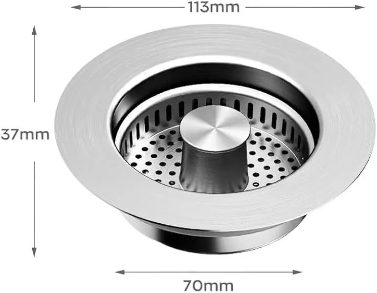 Stainless Steel 3-in-1 Sink Drain Tool: Strainer + stopper + filter basket, fits 3.5-inch holes, anti-clog, universal, silver.