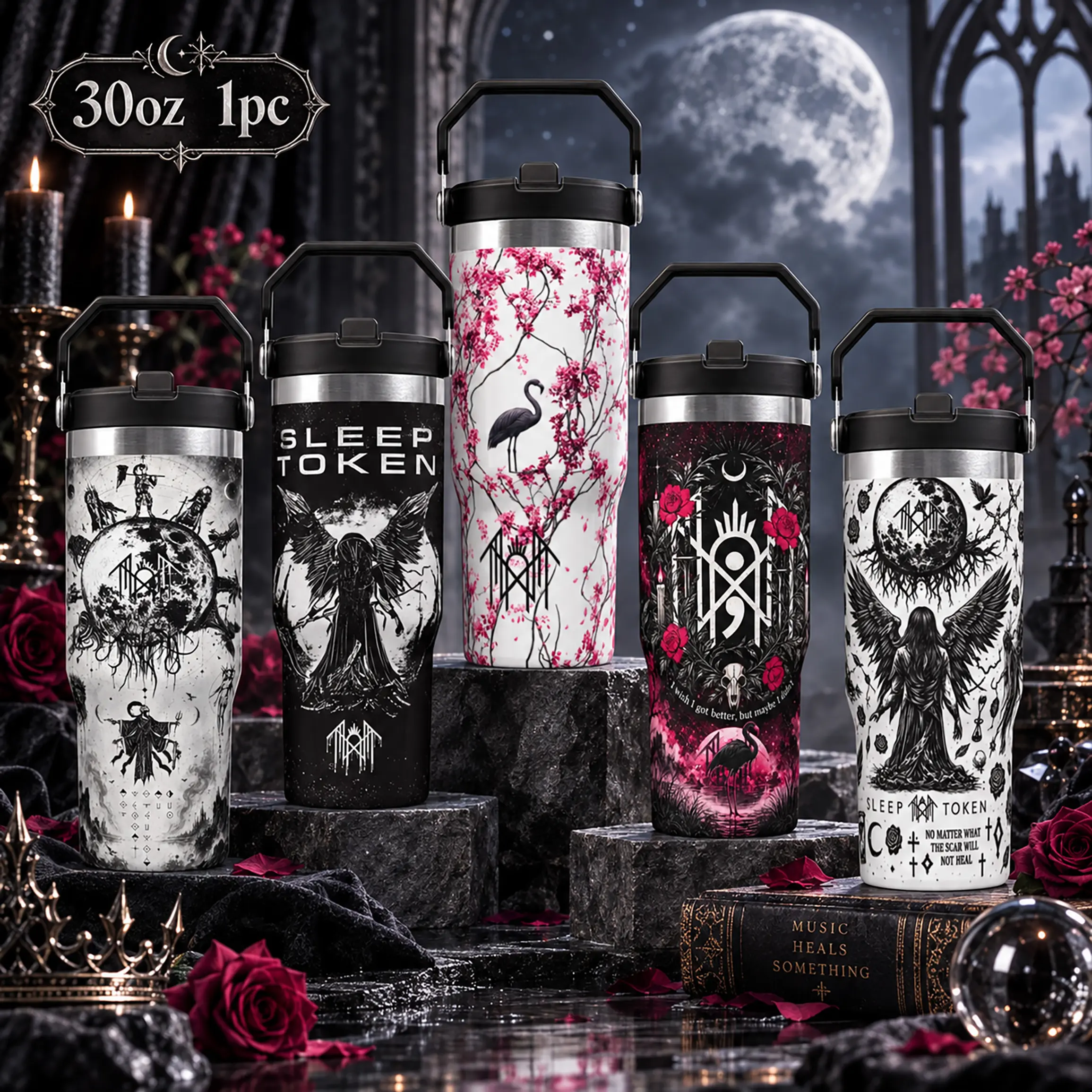 1pc 30oz Sleep Token Gothic Tumbler with Handle and Straw Angel Moon Art Double Wall Vacuum Insulated Stainless Steel Travel Mug Leakproof Reusable Cup for Coffee Water Halloween Christmas Birthday Gift