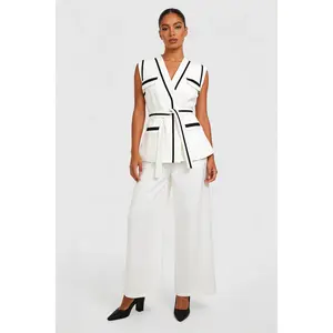 Contrast Trim Belted Vest & Pant Set