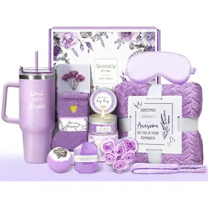Birthday Gifts for Women Self Care Get Well Soon Gifts, Lavender Relaxing   Basket - Care Package w/ Luxury Flannel Blanket & 40 oz Tumbler, Mother's Day Christmas  for Mom Her Wife Sister
