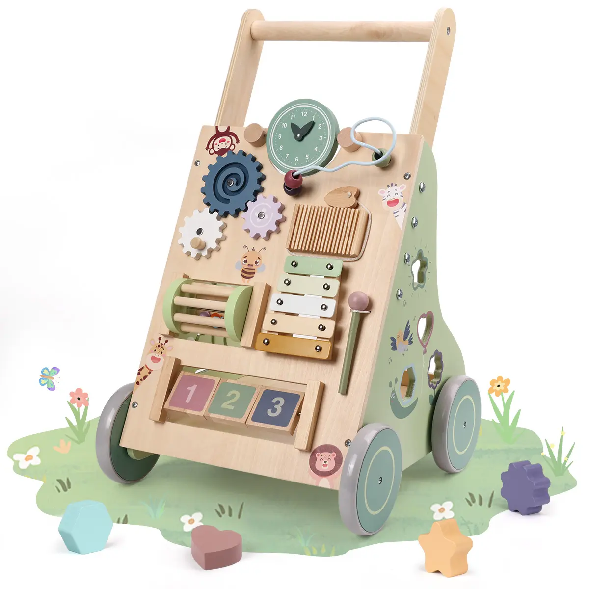 PAWGIANT Baby Walker, Wooden, Montessori Push Walker, with Activity Center，Adjustable Speed and Height Baby Push Walking Toys, for Boys Girls Ideal Gift for Motor Skill Development, for 12 Months