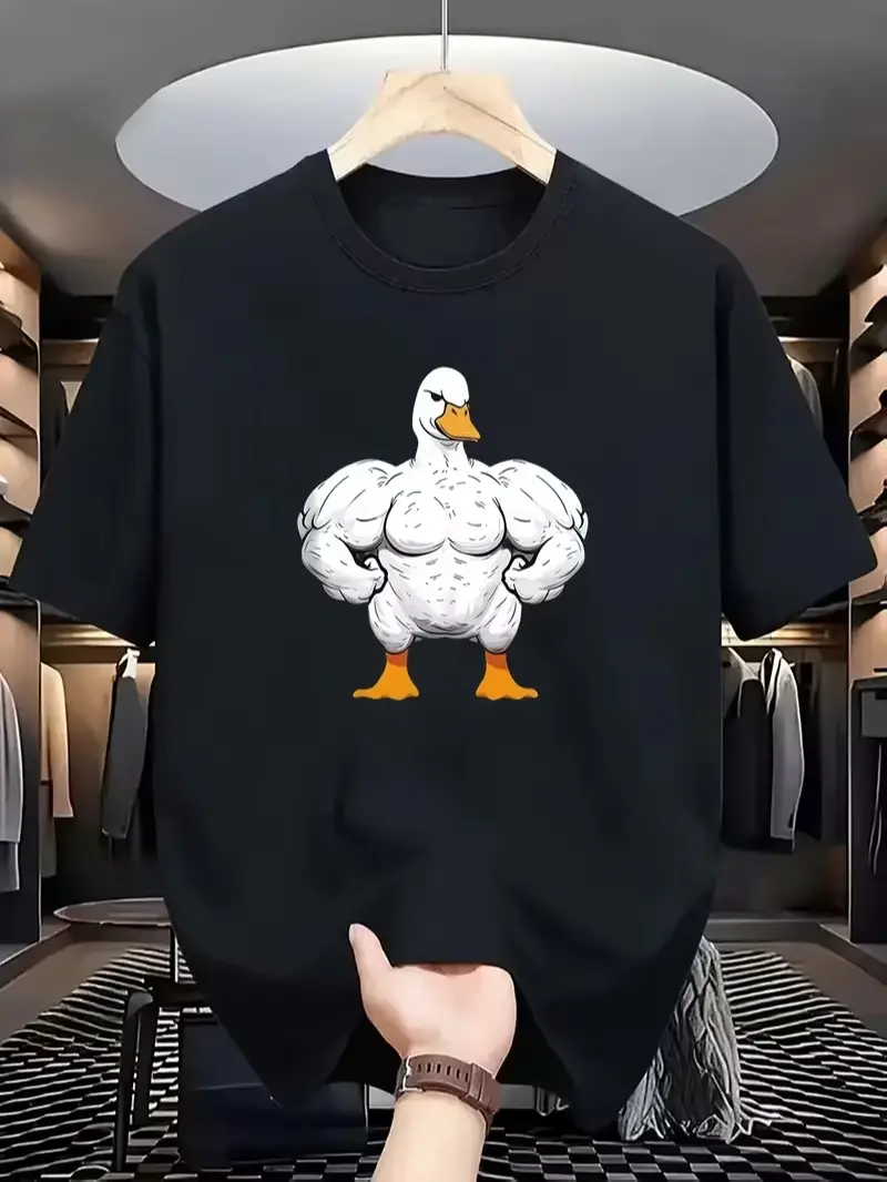 Black Funny Buff Duck Print T-Shirt Strong Muscular Duck Bodybuilder Gym Lover Short Sleeve Cotton Gift Tee For Men Women