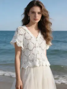 Summer Boho Style Heavy Embroidered Floral Knit Cardigan, Women's V Neck Hollow Out Short Sweater, Casual Vacation Top