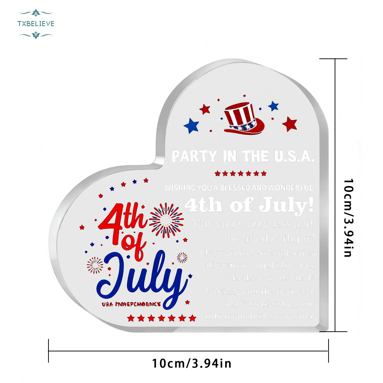 4th of July Gift Heart Shape Acrylic Ornament Block 3.9x3.9 inch for Women Patriotic Stars Stripes Home Desk Festive Glossy Finish