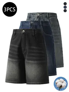 3-pack men’s jeans for autumn/winter, loose straight cut, mid-length, high cotton content, soft denim, retro street style, versatile, everyday commuting pants for men