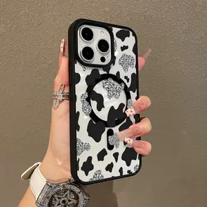 Trendy Magnetic Case for iPhone11/12/13/14/15/16/17/promax Glitter Cow Print MagSafe Ready, Ultra Thin & Shockproof | Cute Pick for Girls