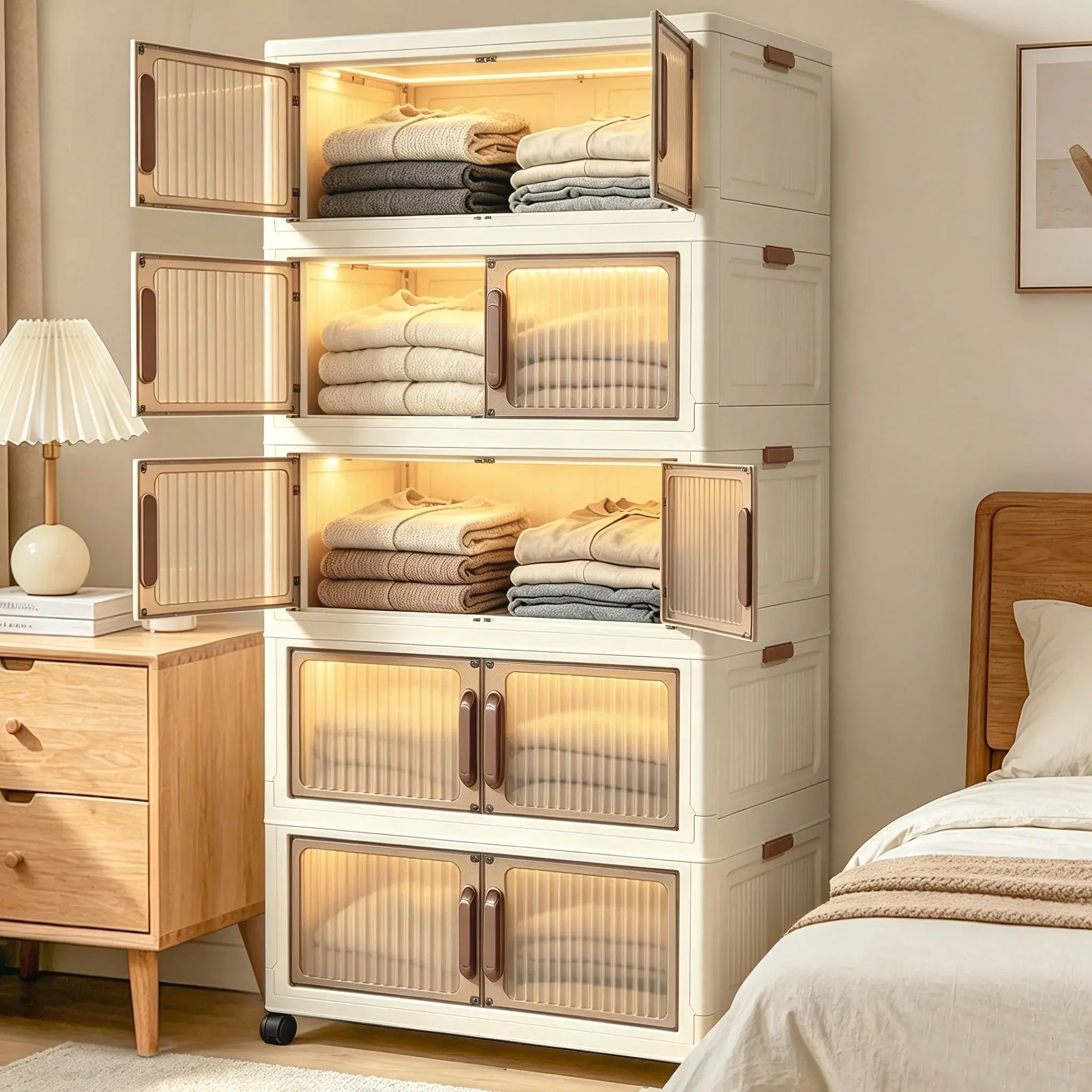 Space Saving Storage Cabinet, Stackable Storage Boxes, 2/4/5Tier Foldable Storage Cabinet With Wheels&Lids, Lidded Storage Bins Organizer For Entrance, Corridor, Bedroom, Wardrobe, Office, Multi-Functional For Books, Clothes, Shoes