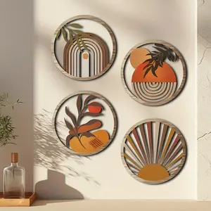 Bohemian Style Round Wooden Wall Decorations, 4-Piece Artificial Wood Art for Home, Farmhouse Living Room, Office, Cafe, Restaurant
