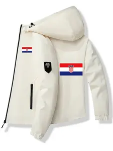 Men's Fashion Jacket with Croatian Flag Logo, Stylish Zip Pocket, Casual Hooded Design, Polyester Material, Spring & Fall Wear