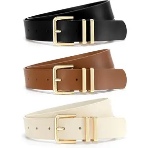 3 Pack Women Leather Belt for Jeans Dresses Pants Fashion Ladies Waist Belts with Gold Silver Buckle