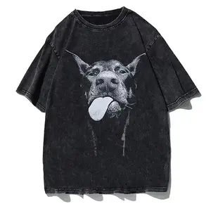 Vintage Washed Doberman Graphic Tee for Men – Oversized Acid Wash Streetwear T Shirt, DTG Printed 90s Vintage Tees, Funny Graphic Tee Summer Graphic Tees