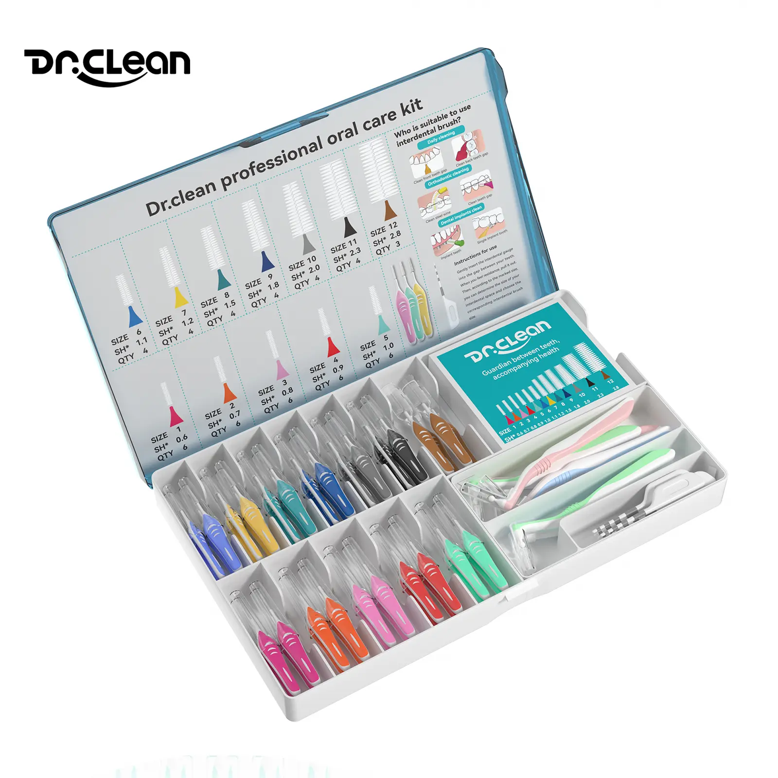 Dr.Clean Oral care kit 17 in 1 set Brush all gaps between teeth 0.6-2.8mm Portable storage box for denture cleaning Clean dental plaque, yellow teeth, ergonomic design Toothpick dental floss stick