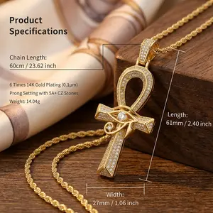 Men's Iced Out Ankh Cross-Eye of Horus Pendant Necklace Set, 14K Gold-Plated 5A+ Cubic Zirconia Egyptian Life Amulet, 24-Inch Stainless Steel Rope Chain Hip Hop Costume Jewelry functional y2k