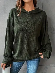 Women's Plain Textured Fabric Drop Shoulder Hoodie, Casual Long Sleeve Pullover For Fall & Winter, Women's Sweatshirts For Daily Wear
