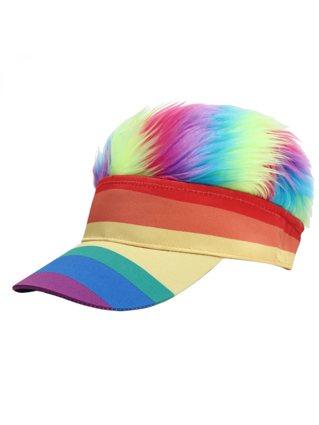 Unique Hip-Hop Hat with Funny Rainbow Stripes and Wig, Duckbill Cap, Rainbow Baseball Cap